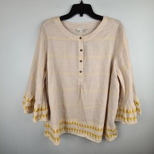 J. Jill Organic Cotton Striped Boho Bell Sleeve Blouse XL Yellow Cream Aztec
